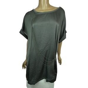 Lane Bryant Sz 18/20 Short Sleeve Top Blouse Shiny Gray Fabric Bead Decoration